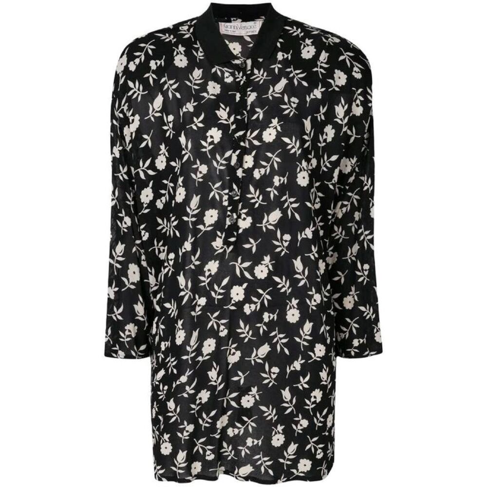 Gianni Versace 80s Black Sheer Viscose Jumper with White Floral Print